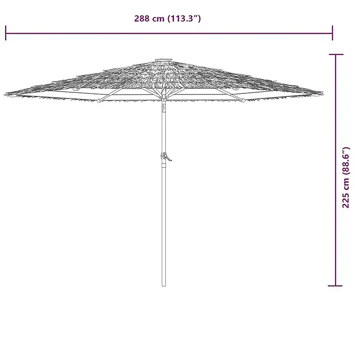 vidaXL Sonnenschirm mit Stahlmast Braun 288x288x225 cm -  - Strichzeichnung eines Reetdach-Sonnenschirms, 288 cm breit und 225 cm hoch.