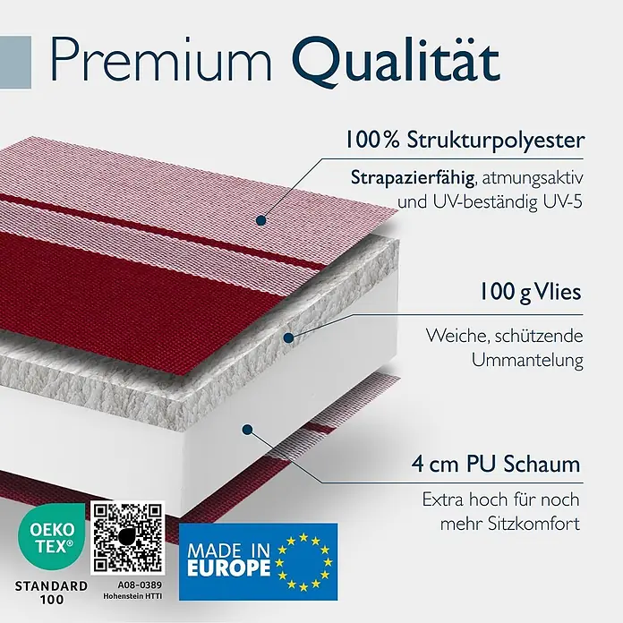 Beautissu Sitzauflage Sun-HL - Hochlehner, 3 Stk., Polyester, Rot - Querschnitt eines roten mehrschichtigen Kissens: strapazierfähiger Polyesterbezug, weiches Vlies und 4cm PU-Schaum für hohen Komfort. Oeko-Tex, Made in Europe.