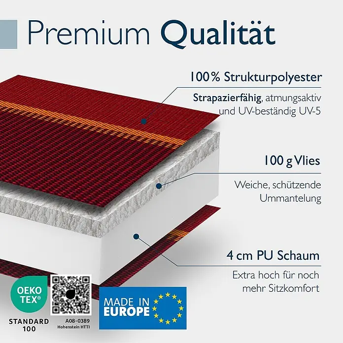 Beautissu Sitzauflage Sun-HL - Hochlehner, 1 Stk., Polyester, rot-gestreift - Schnittansicht eines rot-orangen Schichtkissens, das Strukturpolyester, 100g Vlies und 4cm PU-Schaum für Premium-Komfort und Haltbarkeit zeigt.