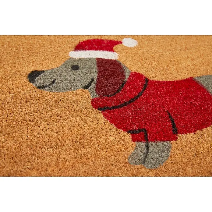 Fußmatte Jolly - 60 x 40 cm, Natur, Material Nutzschicht: 100 % Kokos, Dackel - Kokos-Fußmatte mit festlichem Dackel in rotem Mantel und Weihnachtsmütze.