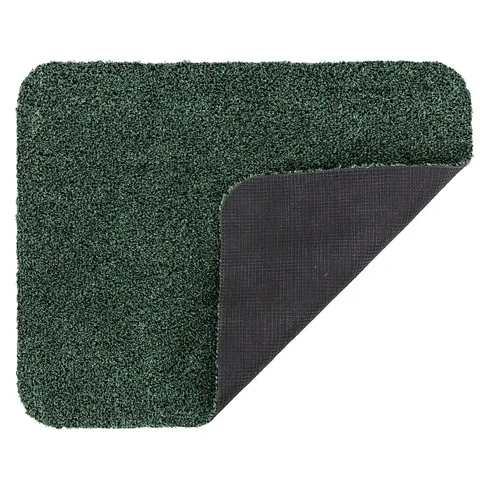Astra Schmutzfangmatte entra SAUGSTARK - Grün, 60 x 75 cm, Material Nutzschicht: 100 % Baumwolle - Dunkelgrüne Shaggy-Matte mit umgeklappter Ecke, die die dunkelgraue, rutschfeste Rückseite mit Gitterstruktur zeigt.