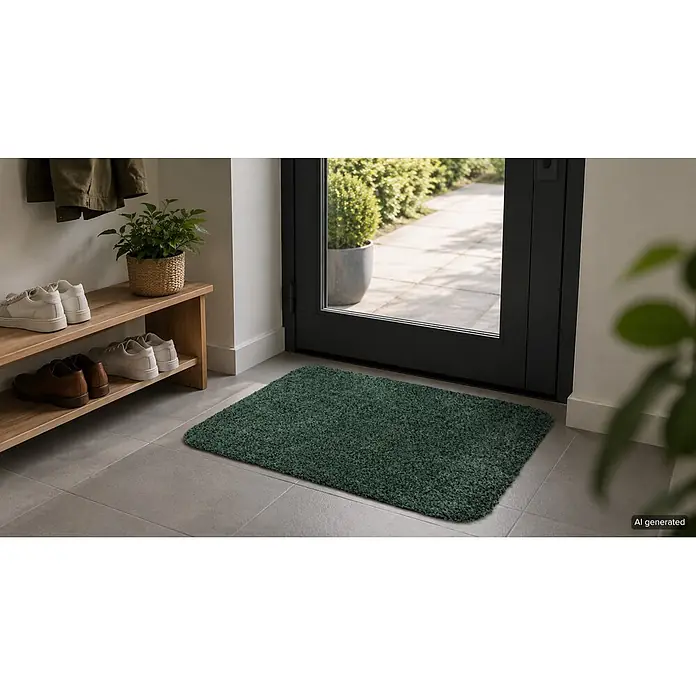 Astra Schmutzfangmatte entra SAUGSTARK - Grün, 60 x 75 cm, Material Nutzschicht: 100 % Baumwolle - Dunkelgrüne, zottelige Fußmatte im Eingangsbereich.