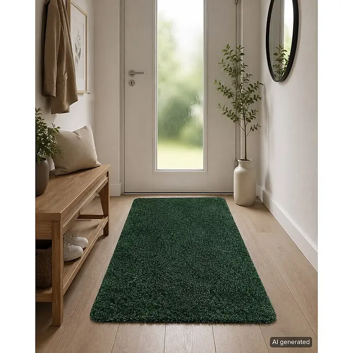 Astra Schmutzfangmatte entra SAUGSTARK - Grün, 75 x 130 cm, Material Nutzschicht: 100 % Baumwolle - Dunkelgrüner Hochflor-Läufer für einen Flur.