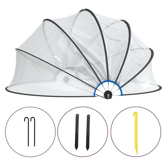 VidaXL Bodenschutzplane - Passend für: Poolschutz vor Sonne und Regen, Durchmesser: 376 cm, L x B: 376 x 0 cm - Transparenter fächerförmiger Schutzüberzug mit schwarzem Rahmen, dazu Metall-U-Heringe, schwarze und gelbe Kunststoff-Erdspieße.