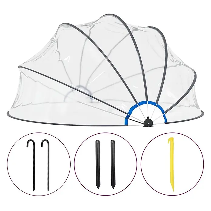 VidaXL Bodenschutzplane - Passend für: Poolschutz vor Sonne und Regen, Durchmesser: 440 cm, L x B: 440 x 0 cm - Transparente, faltbare Pflanzenabdeckung mit dunkelgrauem und blauem Rahmen, gezeigt mit verschiedenen Erdspießen.