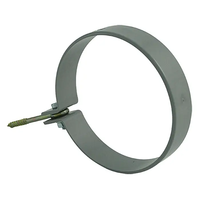 Marley Fallrohrschelle - Nennweite: 105 mm, Metall, Grau - Eine graue Rohrschelle mit einer Schraube, die zur Befestigung von Rohren dient und eine einfache Installation ermöglicht.