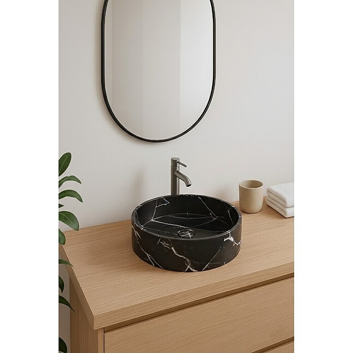 Lavabo redondo Mykonos (Diámetro: 37 cm, Sin desbordamiento, Negro y blanco) | BAUHAUS