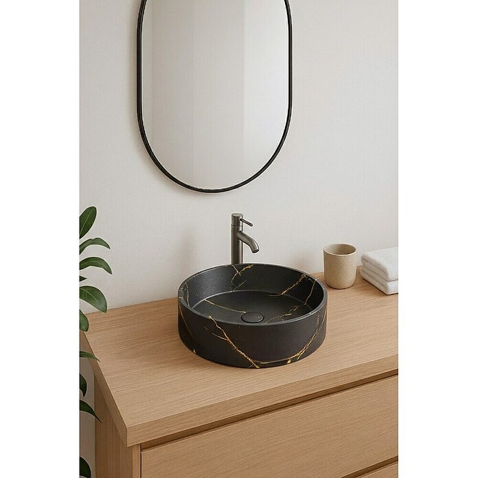 Lavabo redondo Mykonos (Diámetro: 37 cm, Sin desbordamiento, Negro y oro) | BAUHAUS