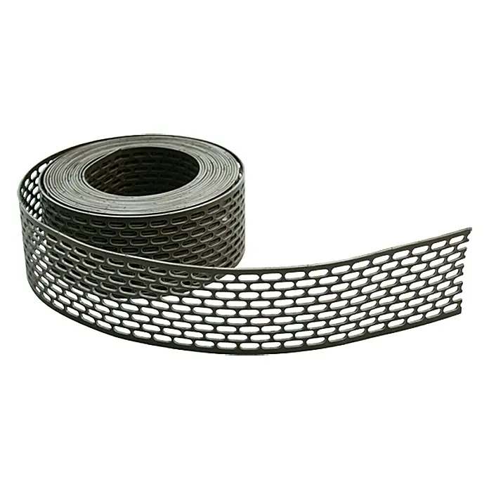 Vogelschutzgitter - 5 m x 80 mm, Braun - Produktfoto einer perforierten, grauen Lochblech-Rolle auf einem weißen Hintergrund.