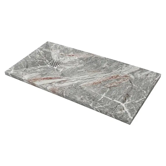 Plato de ducha Nova - L x An: 100 x 90 cm, Resinas sintéticas, Calacata gris - Plato de ducha de mármol gris con vetas blancas y rosas y desagüe metálico cuadrado.