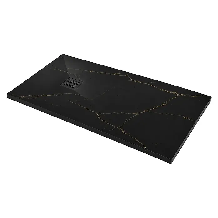 Plato de ducha Nova - L x An: 100 x 90 cm, Resinas sintéticas, Calacata negro y oro - Plato de ducha negro efecto mármol con vetas doradas y desagüe cuadrado integrado.