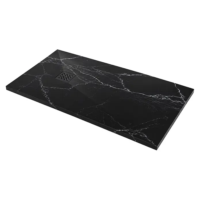 Plato de ducha Nova - L x An: 100 x 90 cm, Resinas sintéticas, Calacata negro y blanco - Plato de ducha de mármol negro con vetas blancas y desagüe cuadrado.