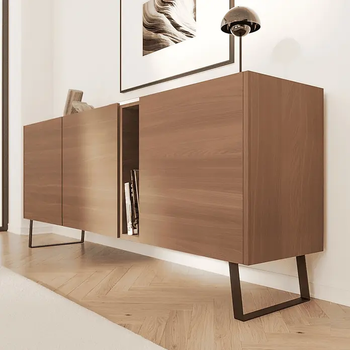 HEVVA Möbelfuß-Set MAILAND - L x B x H: 35 x 4 x 20 cm, Metall, 2 Stk. - Modernes Holzsideboard mit schwarzen Metallbeinen, geschlossenen und offenen Fächern mit Büchern, in einem modernen Interieur.
