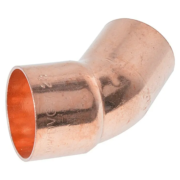 Kupfer-Bogen 5040 IA - Durchmesser: 28 mm, Winkel: 45 °, 1 Stk. - Ein glänzender Kupferbogen Verbinder, ideal für Sanitärinstallationen. Perfekt für präzise Winkel in Rohrleitungen.