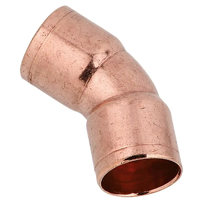 Kupfer-Bogen 5041 II - Durchmesser: 12 mm, Winkel: 45 °, 1 Stk. - Nahaufnahme eines Kupferrohrbogens, ein essenzielles Verbindungselement für Sanitär- und Heizungsinstallationen.