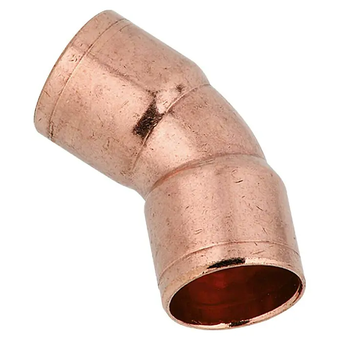Kupfer-Bogen 5041 II - Durchmesser: 12 mm, Winkel: 45 °, 1 Stk. - Nahaufnahme eines Kupferrohrbogens, ein essenzielles Verbindungselement für Sanitär- und Heizungsinstallationen.