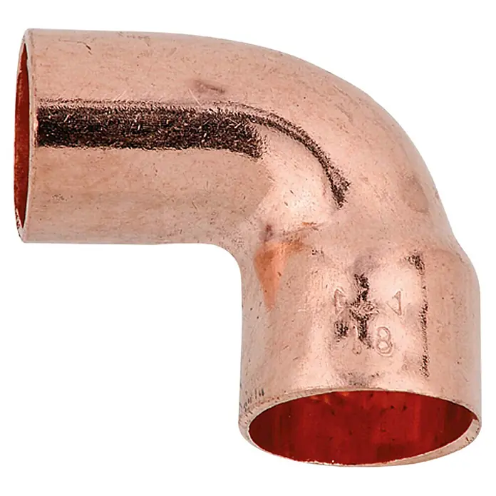 Rohrbogen 5092 IA - Durchmesser: 12 mm, Metall - Ein 90-Grad-Kupferbogen, ideal für Sanitärinstallationen und Heizungssysteme, zeigt seine glänzende Oberfläche.