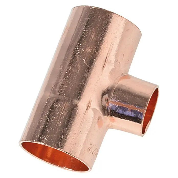 Kupfer-Reduzier-T-Stück 5130 - Durchmesser: 22 mm, 22 x 15 x 22 mm - Ein T-Stück aus Kupfer, ein Verbindungsstück für Rohre, glänzend und in T-Form, ideal für Sanitär- und Heizungsinstallationen.