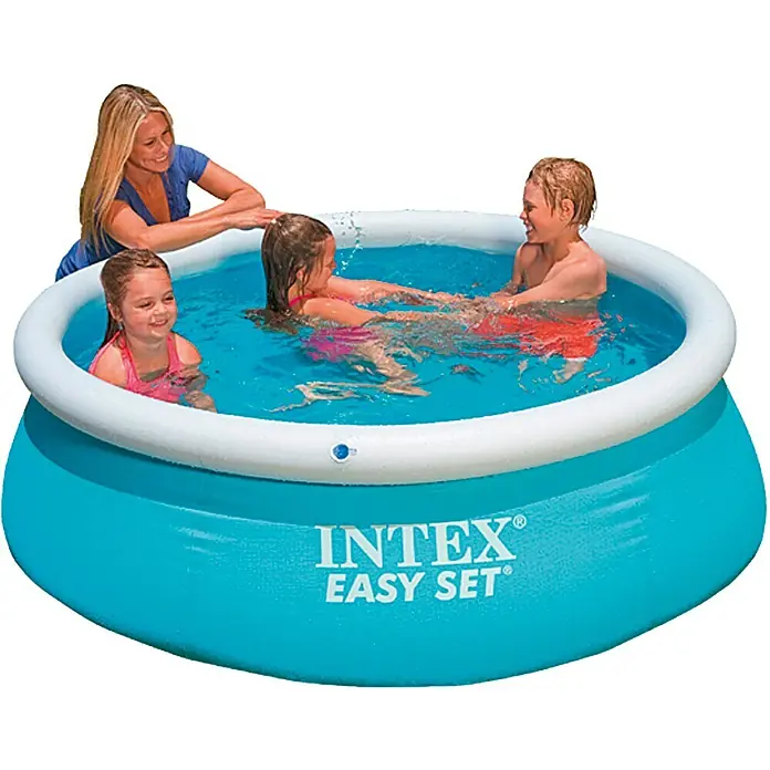 Intex Piscina Quick-Up Easy Set - Ø x Al: 183 x 51 cm, Azul, 886 l - Una piscina inflable Intex Easy Set con una familia. La piscina es azul con borde blanco.