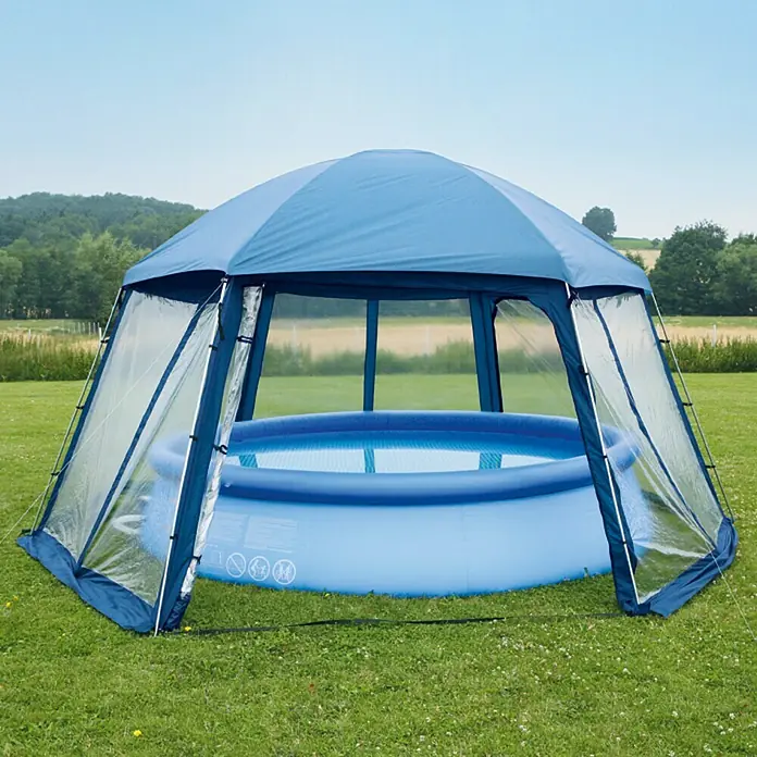 Cubierta para piscina - An x L: 500 x 433 cm, Azul - Piscina inflable con gazebo azul sobre un césped verde.