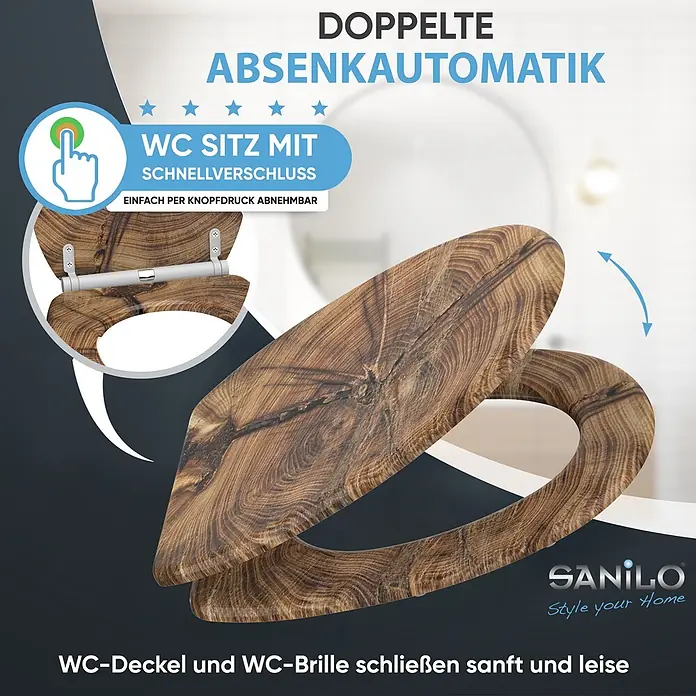 SANILO WC-Sitz Old Tree mit Schnellverschluss - MDF, Braun, Mit Absenkautomatik - WC-Sitz aus Holz mit doppelter Absenkautomatik und Schnellverschluss.