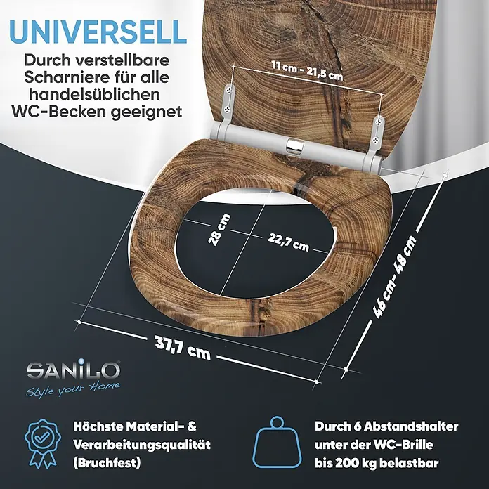 SANILO WC-Sitz Old Tree mit Schnellverschluss - MDF, Braun, Mit Absenkautomatik - WC-Sitz in Holzoptik mit verstellbaren Scharnieren, Maßen und Features wie 200kg Belastbarkeit.