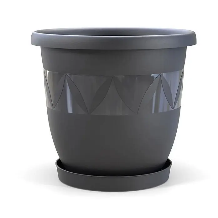 Plastard Pflanztopf Ø 40 cm mit Untersetzer rund – Anthrazit – Pflanzkübel - 1 Stk., Außenmaß (Ø x H): 40 x 35 cm, Kunststoff, Anthrazit - Dunkelgrauer Kunststoff-Blumentopf mit gemusterter Zierleiste und passendem Untersetzer.