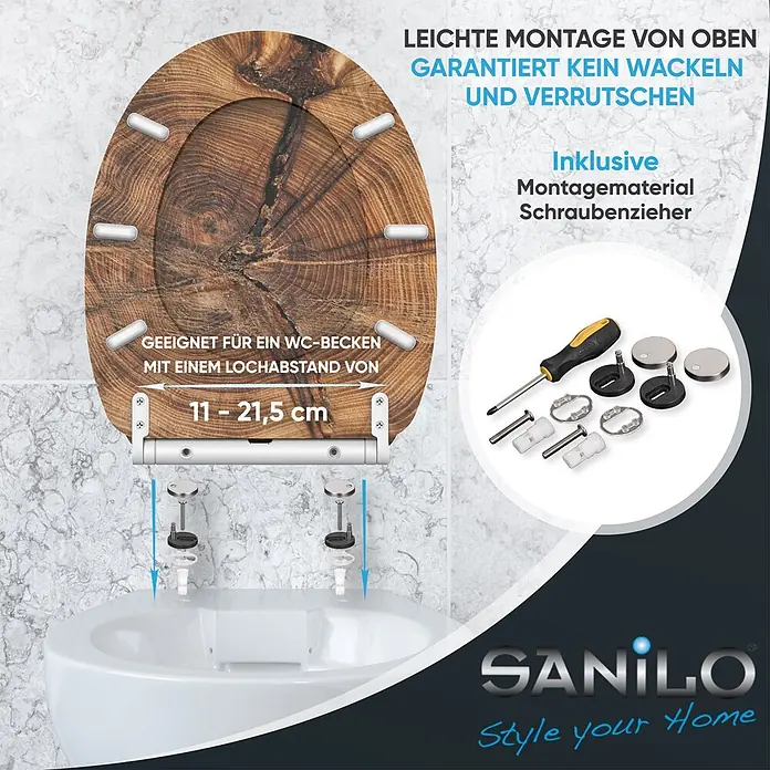 SANILO WC-Sitz Old Tree mit Schnellverschluss - MDF, Braun, Mit Absenkautomatik - Holz-Toilettensitz mit Naturmaserung, gezeigt mit Top-Montagebeschlägen für einfache Installation, 11-21,5 cm Lochabstand, inkl. Werkzeug.