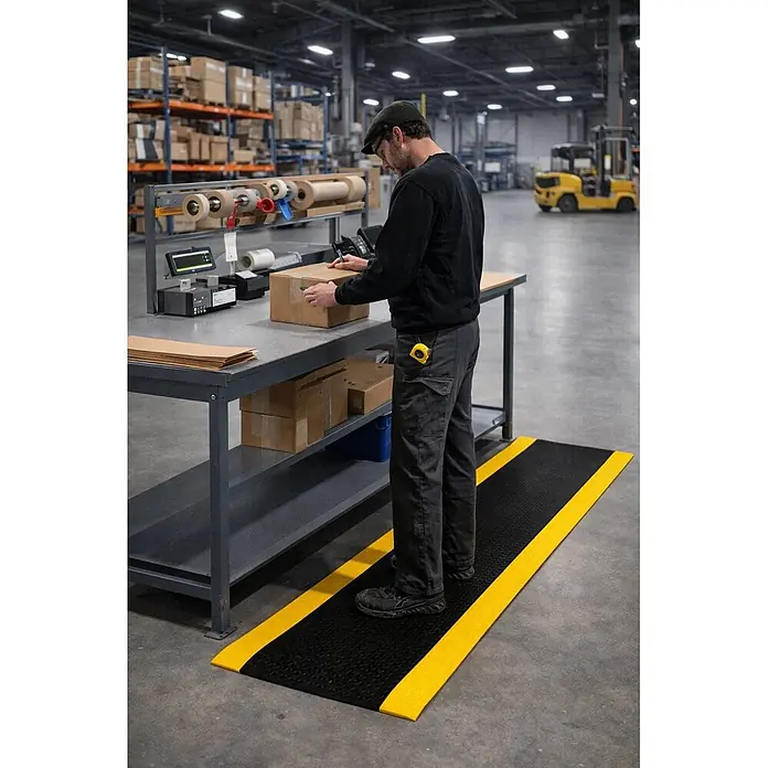 Proregal Gummimatte Anti-Ermüdungsmatte COMFORT PLUS 122x200cm Schwarz/Gelb - 200 x 122 cm, Schwarz/Gelb - Schwarze und gelbe Anti-Ermüdungsmatte im Einsatz an einer Lagerpackstation, unterstützt Arbeiter bei langen Stehzeiten.