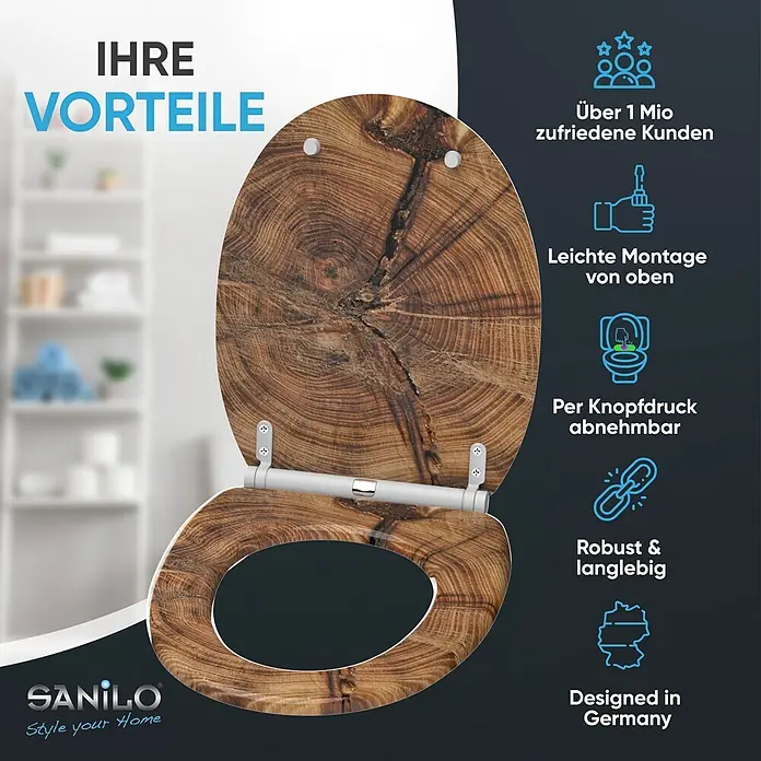 SANILO WC-Sitz Old Tree mit Schnellverschluss - MDF, Braun, Mit Absenkautomatik - Toilettensitz mit realistischer Baumstamm-Querschnitt-Maserung, geöffnet, um seine Scharniere zu zeigen.