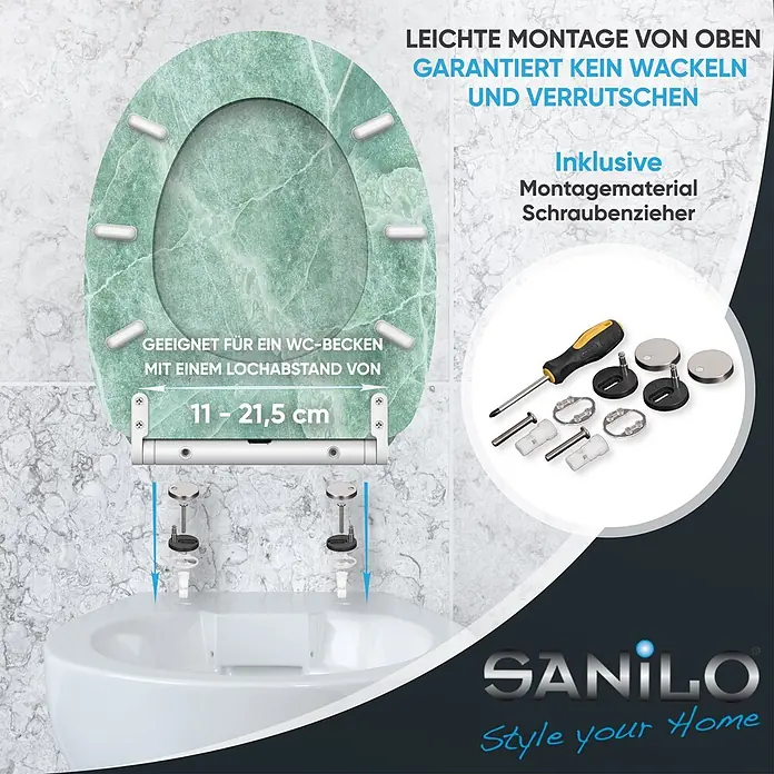 SANILO WC-Sitz Marmor Grün mit Schnellverschluss - MDF, Grün, Mit Absenkautomatik - Grüner Marmor-WC-Sitz mit Top-Montage, verstellbarem Lochabstand (11-21,5 cm) und inklusive Montagematerial sowie Schraubenzieher.