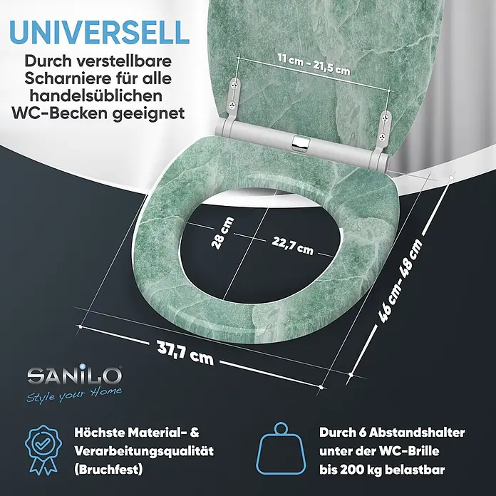 SANILO WC-Sitz Marmor Grün mit Schnellverschluss - MDF, Grün, Mit Absenkautomatik - Grüne Marmor-WC-Sitzbrille mit verstellbaren Scharnieren, 6 Abstandshaltern und bis zu 200 kg belastbar. Maße: 46-48 cm Länge, 37,7 cm Breite.
