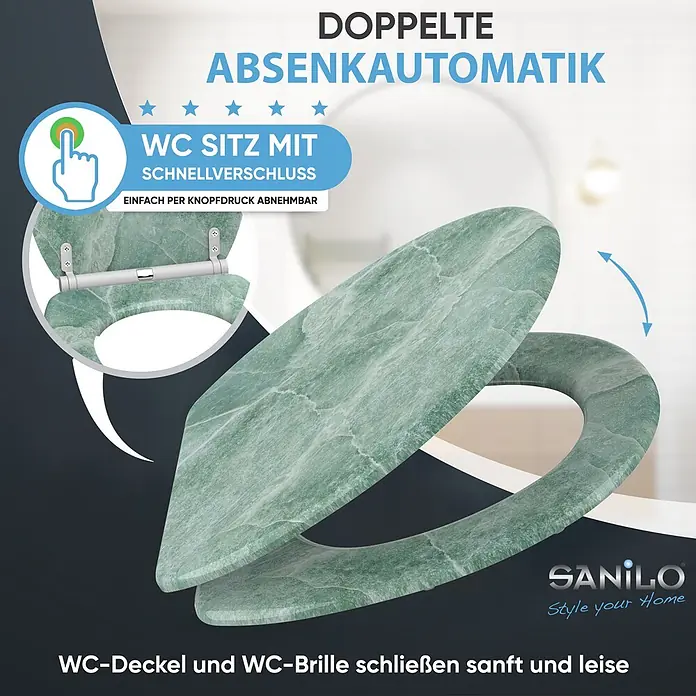 SANILO WC-Sitz Marmor Grün mit Schnellverschluss - MDF, Grün, Mit Absenkautomatik - Grün marmorierter WC-Sitz mit doppelter Absenkautomatik und Schnellverschluss zur einfachen Abnahme. Deckel und Brille schließen sanft.