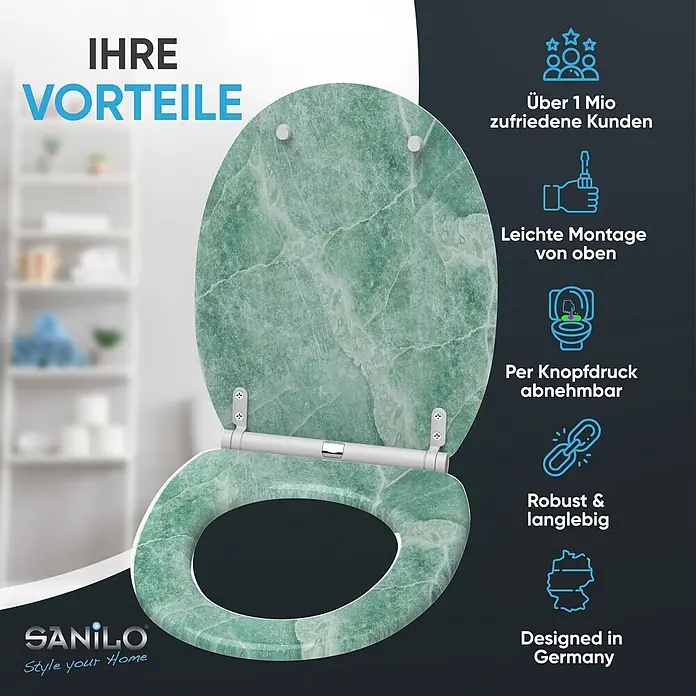 SANILO WC-Sitz Marmor Grün mit Schnellverschluss - MDF, Grün, Mit Absenkautomatik - Grüner Marmor-Toilettensitz mit Scharnieren, geöffnet dargestellt.