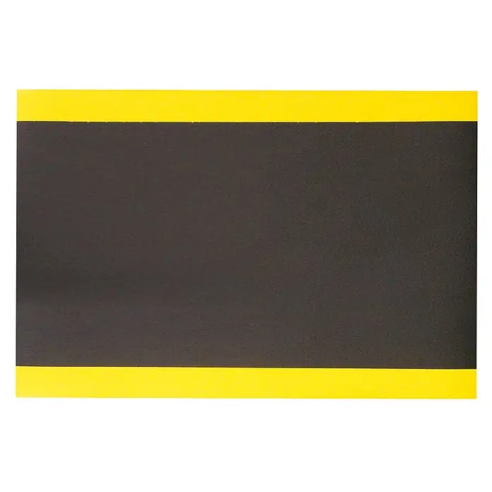 Proregal Gummimatte Anti-Ermüdungsmatte COMFORT 122x200cm Schwarz/Gelb - 200 x 122 cm, Schwarz/Gelb - Strukturierte, dunkelgraue Rechteckfolie mit gelben Rändern oben und unten.