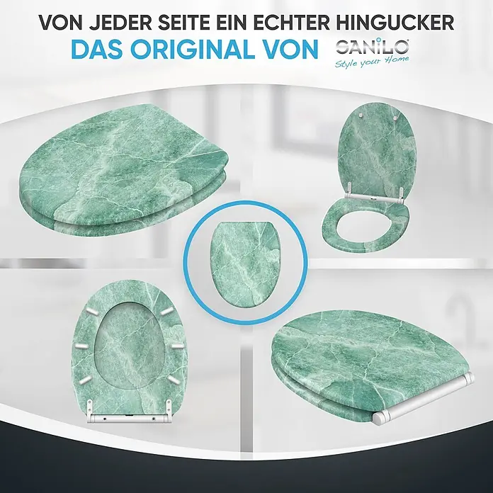 SANILO WC-Sitz Marmor Grün mit Schnellverschluss - MDF, Grün, Mit Absenkautomatik - Grüner Toilettensitz mit Marmormuster, aus verschiedenen Blickwinkeln gezeigt.