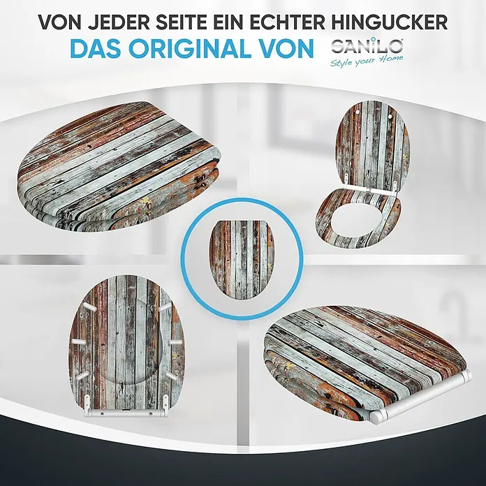 SANILO WC-Sitz Antik mit Schnellverschluss - MDF, Braun, Mit Absenkautomatik - Toilettensitz mit verwittertem Holzplanken-Design in verschiedenen Ansichten.