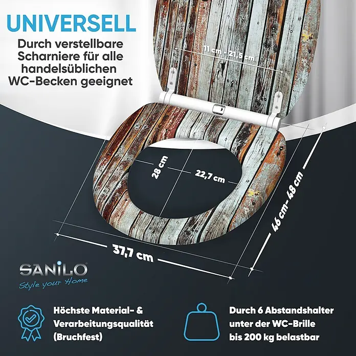 SANILO WC-Sitz Antik mit Schnellverschluss - MDF, Braun, Mit Absenkautomatik - WC-Sitz im Holzplanken-Look. Verstellbare Scharniere (11-21,5 cm), Außenmaße (37,7x46-48 cm), bruchfest & bis 200 kg belastbar.