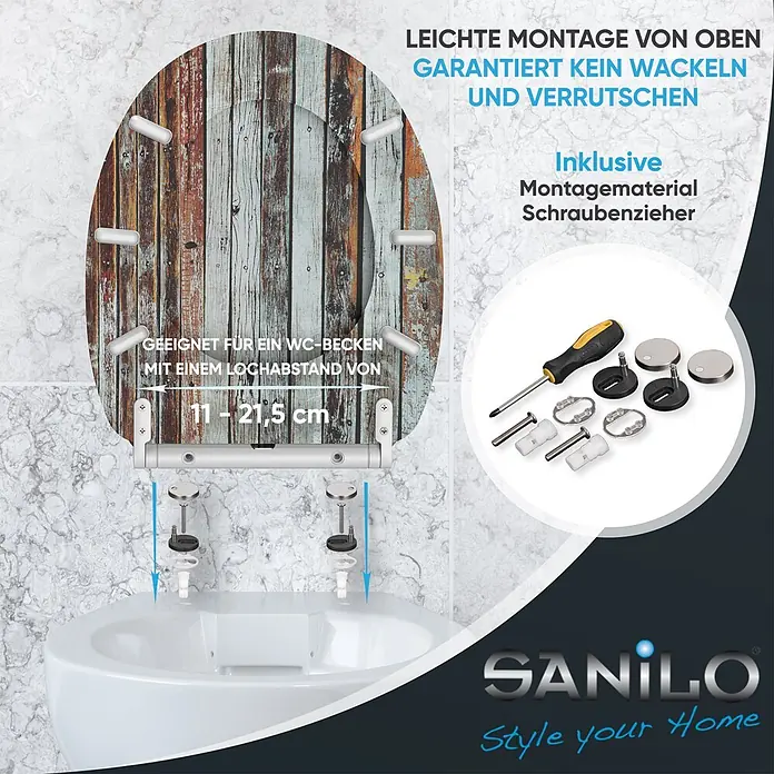 SANILO WC-Sitz Antik mit Schnellverschluss - MDF, Braun, Mit Absenkautomatik - Toilettensitz in Holzoptik mit einfacher Top-Fix-Montage, 11-21,5 cm Lochabstand einstellbar, inkl. Montagematerial & Schraubenzieher für wackelfreien Halt.