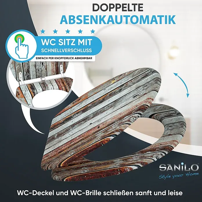 SANILO WC-Sitz Antik mit Schnellverschluss - MDF, Braun, Mit Absenkautomatik - WC-Sitz in rustikaler Holzoptik mit Absenkautomatik und Schnellverschluss.