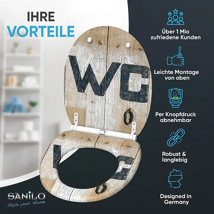 SANILO WC-Sitz Old Style mit Schnellverschluss - MDF, Braun, Mit Absenkautomatik - Toilettensitz mit distressed Holzoptik und "WC"-Schriftzug, ausgestattet mit weißen Scharnieren. Dieser robuste Sitz ermöglicht einfache Montage von oben und schnelle Abnahme.