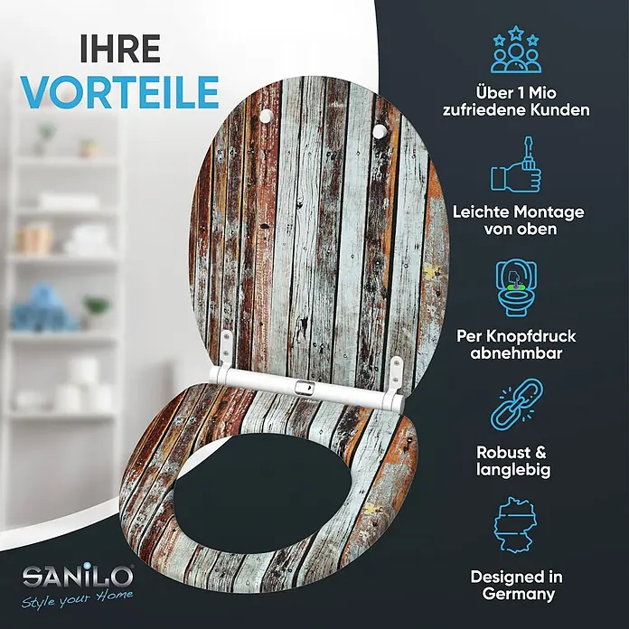 SANILO WC-Sitz Antik mit Schnellverschluss - MDF, Braun, Mit Absenkautomatik - Toilettensitz mit rustikalem, abgenutztem Holzplankenmuster und weißen Scharnieren.
