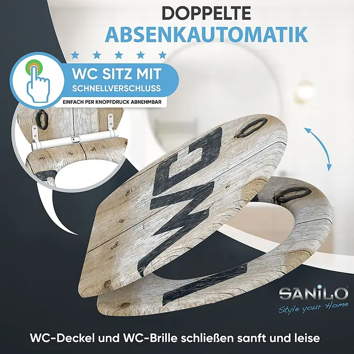 SANILO WC-Sitz Old Style mit Schnellverschluss - MDF, Braun, Mit Absenkautomatik - Ein Toilettensitz in Holzoptik mit Doppel-Absenkautomatik und Schnellverschluss, der sanft schließt und leicht per Knopfdruck abnehmbar ist.