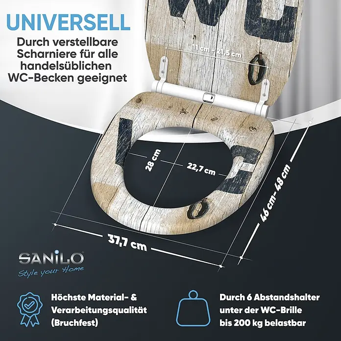 SANILO WC-Sitz Old Style mit Schnellverschluss - MDF, Braun, Mit Absenkautomatik - Hölzerner WC-Sitz mit verstellbaren Scharnieren, Maßen, hoher Qualität und 200 kg Belastbarkeit.