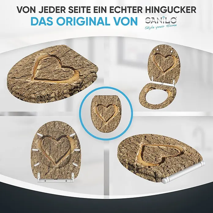 SANILO WC-Sitz True Love mit Schnellverschluss - MDF, Braun, Mit Absenkautomatik - Toilettensitz mit realistischer Baumrinden-Textur und eingeschnitztem Herzdesign. Aus mehreren Blickwinkeln gezeigt.