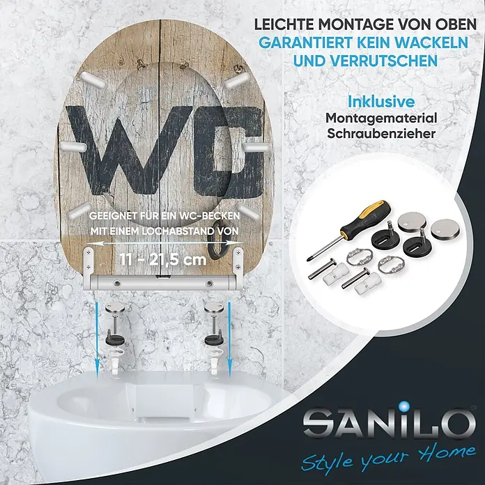 SANILO WC-Sitz Old Style mit Schnellverschluss - MDF, Braun, Mit Absenkautomatik - Holzoptik WC-Sitz mit "WC"-Design, Aufbaumontage und Installationsset (Schraubendreher, Beschläge) für 11-21,5 cm Lochabstand.