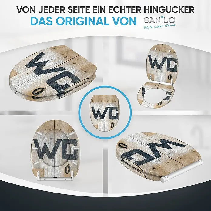 SANILO WC-Sitz Old Style mit Schnellverschluss - MDF, Braun, Mit Absenkautomatik - WC-Sitz im Holz-Look mit schwarzer 'WC'- und '0'-Aufschrift, aus verschiedenen Blickwinkeln dargestellt.