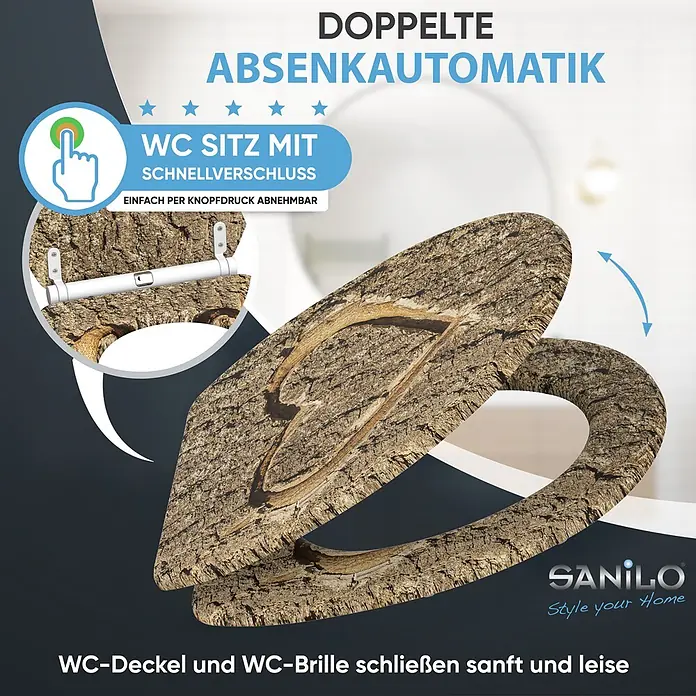 SANILO WC-Sitz True Love mit Schnellverschluss - MDF, Braun, Mit Absenkautomatik - WC-Sitz in Holzoptik mit doppelter Absenkautomatik und Schnellverschluss.