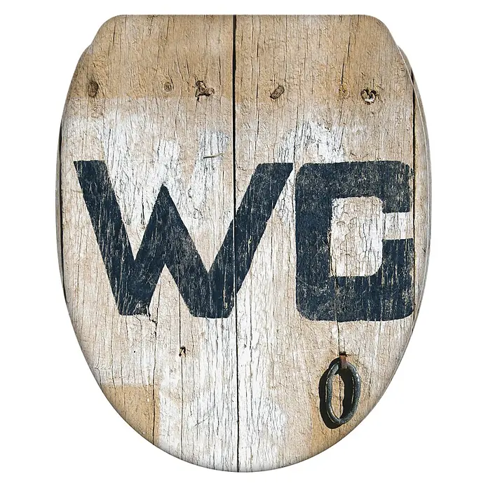 SANILO WC-Sitz Old Style mit Schnellverschluss - MDF, Braun, Mit Absenkautomatik - Rustikaler WC-Sitz aus Holz mit schwarzem 'WC'-Schriftzug und Metallring.