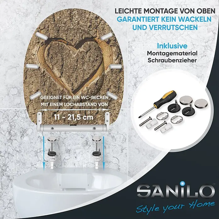 SANILO WC-Sitz True Love mit Schnellverschluss - MDF, Braun, Mit Absenkautomatik - Holzoptik-Toilettensitz mit Herzmotiv, Montage von oben, inkl. Befestigungsmaterial und Schraubenzieher.